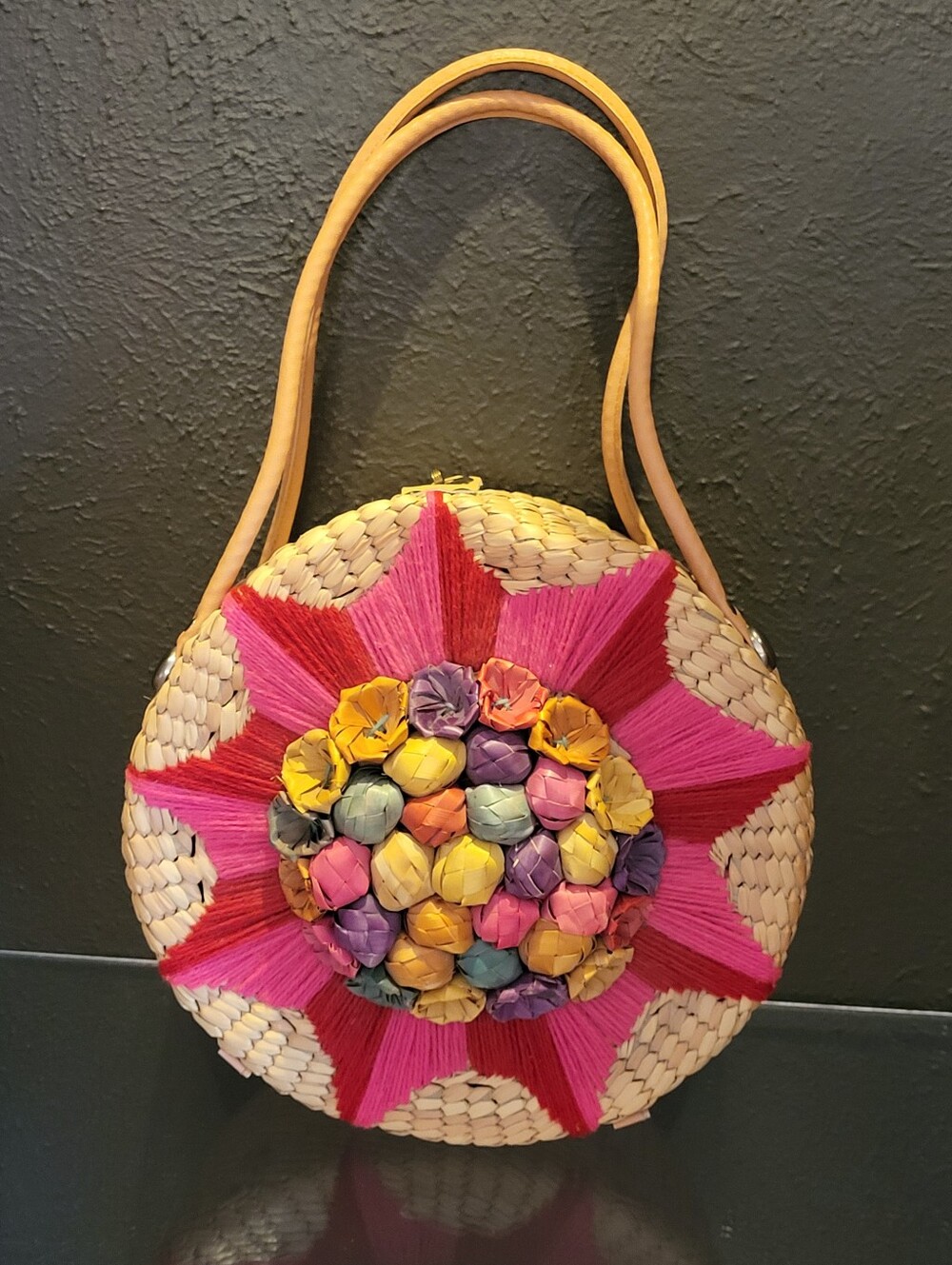 Vintage Souvenir Round Straw Basket Purse 3D